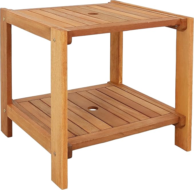 Sunnydaze 20-Inch Outdoor Side Table for Patio or Porch – Wooden Adirondack End Table with Umbrella Hole – Ideal for Holding Drinks & Balcony Essentials - Meranti Wood with Teak Oil Finish