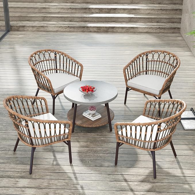 Grand patio 5-Piece Patio Conversation Sets with Cushion, Outdoor Bistro Set with Wicker Chairs & Round Table for Balcony, Patio, Deck, Tan