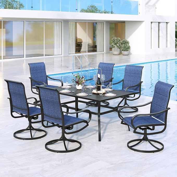 MFSTUDIO Patio Dining Set for 6 w/Metal Table & Swivel Chairs, Navy Blue | Padded textilene, Ergonomic high back, Rectangular, Umbrella hole, Weather-reistant, Patio deck garden backyard
