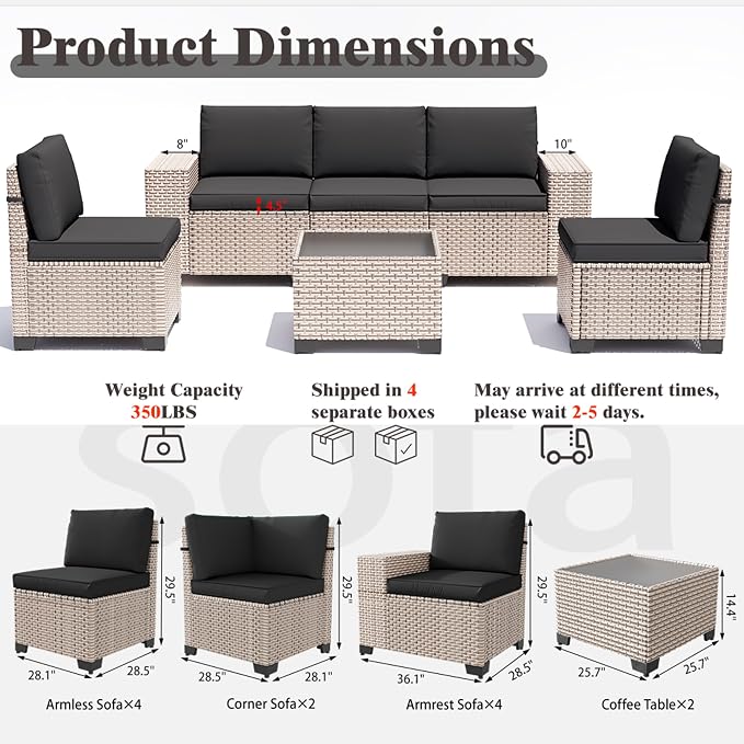 12 Pieces Patio Furniture Set, Outdoor Sectional Wicker Sofa with Thickened Cushions and Coffee Table, High Back Rattan Patio Conversation Sets for Garden Backyard, Black