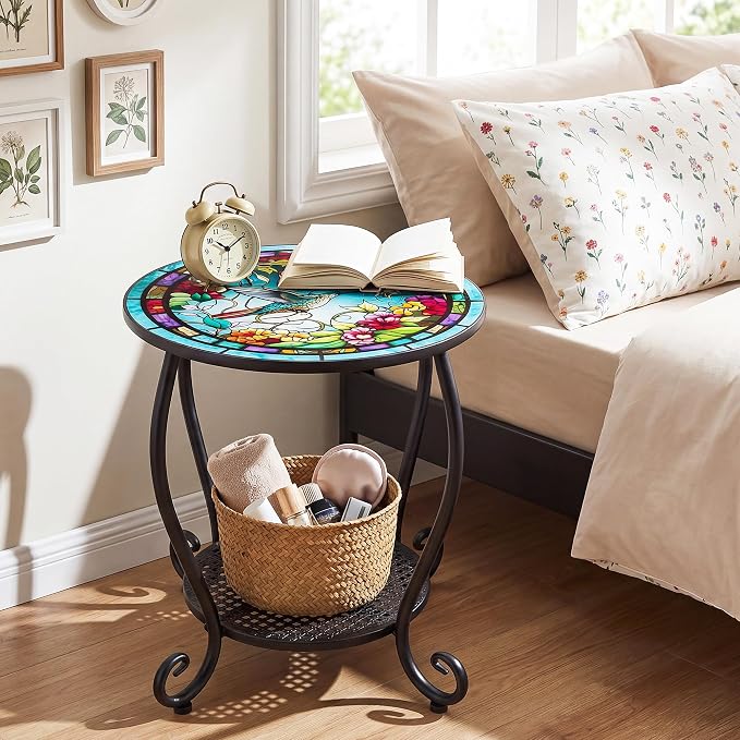 Outdoor Side Table,Small Round Patio Acceet End Plant Metal Coffee Table for Yard Porch Garden Patio Living Room, Bedroom(Hummingbird)
