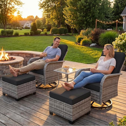 Outdoor Patio Furniture Set Patio Rocking Swivel Chair with Tempered Glass Side Table, Outdoor Wicker Rattan Bistro Set with Ottomans for Garden, Deck, and Balcony, Dark Grey