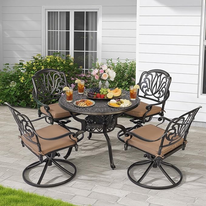 5-Piece Cast Aluminum Outdoor Patio Dining Set, All Weather Cast Aluminum Outdoor Furniture Dining Set for Patio, Balcony, Garden, Backyard w/4 Swivel Chairs & Cushions, 2.0" Umbrella Hole