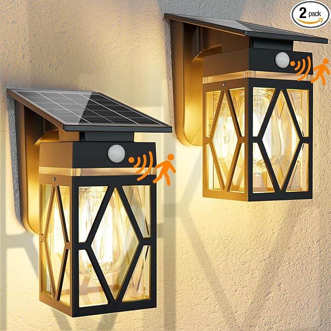 2 Pack Solar Porch Lights Outdoor with Dusk-to-Dawn Motion Sensor | 200LM 3000K Warm White, E26 ST58 Bulb, Classic Lantern Design, 3 Lighting Modes, IP65 Waterproof for Porch, Garage & Patio