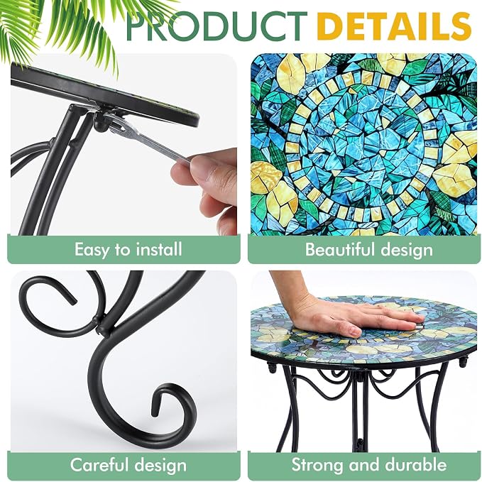 Geelin 14 Inch Lemon Small Outdoor Patio Side Table Lemon Round Mosaic Side Table Accent Indoor End Plant Metal Coffee Tea Furniture for Yard Porch Garden Living Room Bedroom
