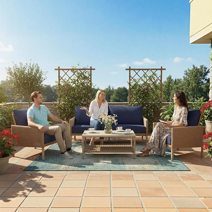 4-Piece Wicker Patio Furniture Set, Outdoor Conversation Set with Coffee Table and Removable Thickened Cushions, Modern Sectional Sofa for Backyard, Garden & Lawn, Blue