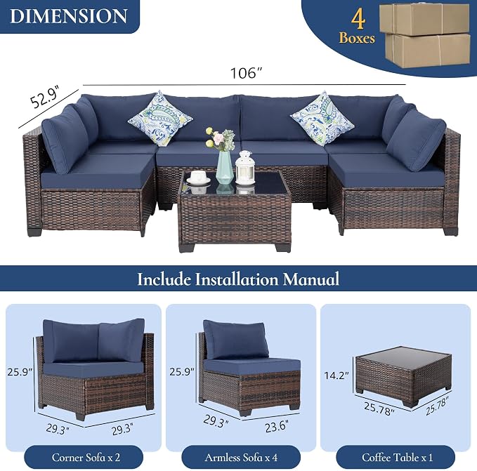 FHFO 14 Piece Outdoor Wicker Patio Furniture Set, Brown/Blue | Sectional Sofa | All-Weather Hand-Woven Rattan | Tempered Glass Coffee Table | Free Combination | Indoor & Outdoor Use