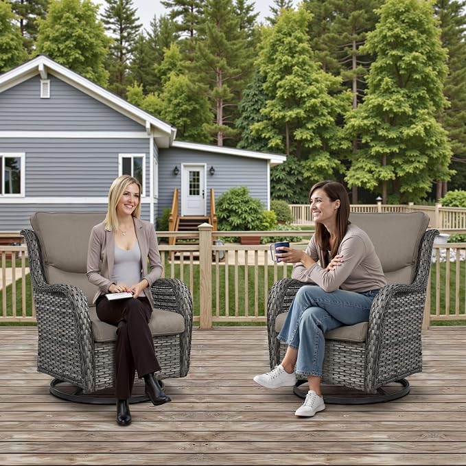 Outdoor Swivel Rocker Patio Chairs with 2 Ottomans - 5" Thick Cushion 5 Piece Furniture Set All Weather Wicker Conversation Set with Side Table for Porch Poolside and Deck - Gray/Gray