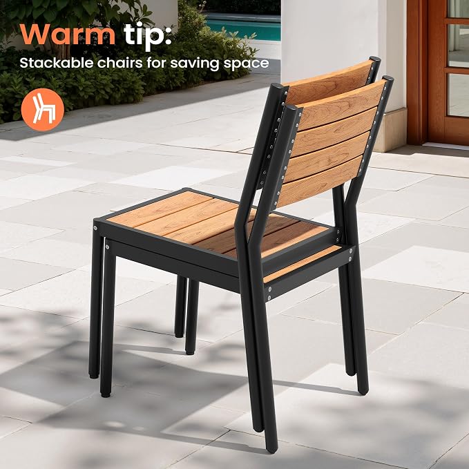 Pellebant Outdoor Dining Set for 8, 9 Pieces Aluminum Patio Table and Stackable Armless Chairs with Umbrella Hole & Wood-Like Top, Brown