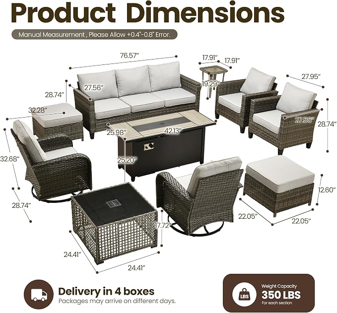 10 Piece Wicker Patio Furniture Set with Firepit, Gray | High Back Swivel Rocker Chairs, 54-inch Fire Pit, Outdoor Sofa Ottoman Solar Lights Table, Conversation Sets, Deck Backyard