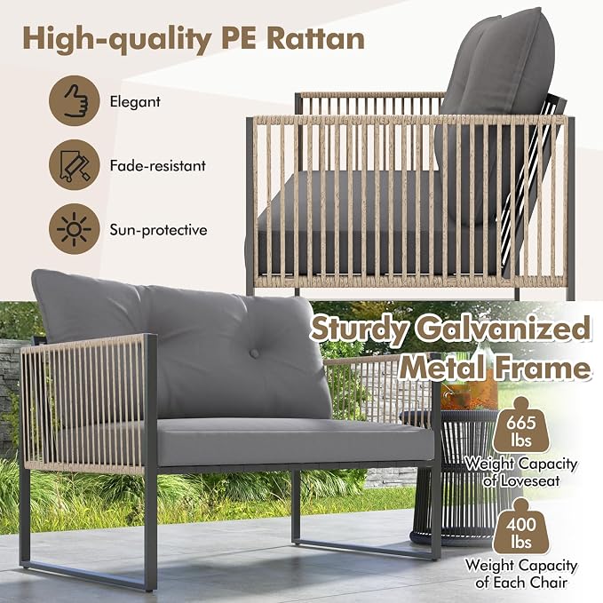 Tangkula 4 Pieces Patio Furniture Set, Outdoor PE Rattan Conversation Sofa Set with Thick Cushions and 2-Tier Tempered Glass Coffee Table for Garden, Porch, Balcony and Backyard (Grey,1)