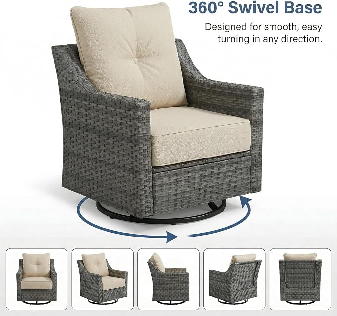 2-Piece Outdoor Patio Furniture Set, Grey Wicker Conversation Set with 2 Swivel Chairs, 6-Inch Beige Olefin Cushions for Porch, Deck, Balcony