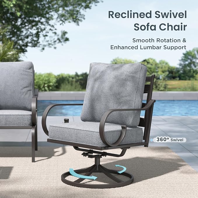 PHI VILLA Patio Furniture Set, 3-Seater Sofa, 2 Fixed Chairs, 2 Swivel Chairs and a 45" Fire Pit Table, Outdoor Metal Conversation Set with 5.75" Extra Thick Cushion for Garden Backyard Deck, Grey