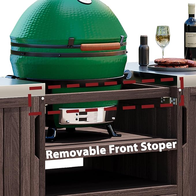 RUNNA Outdoor Kitchen Island for Big Green Egg Grills, Solid Wood Outdoor Grill Cart for Tabletop Grill with Stainless Steel Top, Drawer, Compatible with Large Big Green Egg, Kamado Joe (Brown@029)