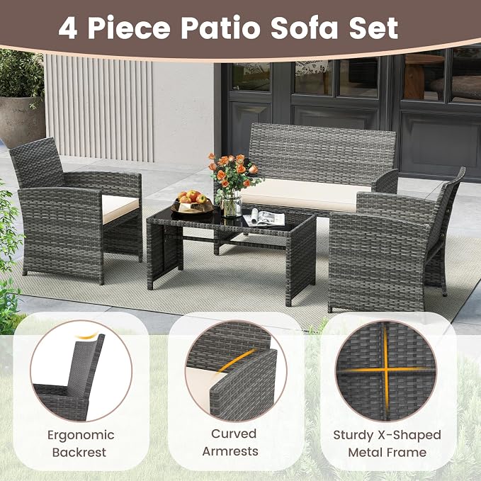 HAPPYGRILL 8 Piece Rattan Wicker Patio Conversation Set, Outdoor Furniture with Chair Loveseat Table & Cushion, for Backyard Porch Balcony (2, Off White)