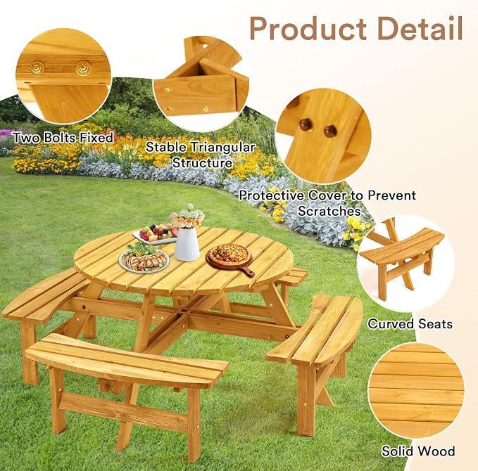 Zevemomo 8 Person Wood Picnic Table, Round Tabletop with Umbrella Hole, 4 Built-in Curved Benches, 2220LBS Total Capacity for Patios, Backyard, Light Wood Color