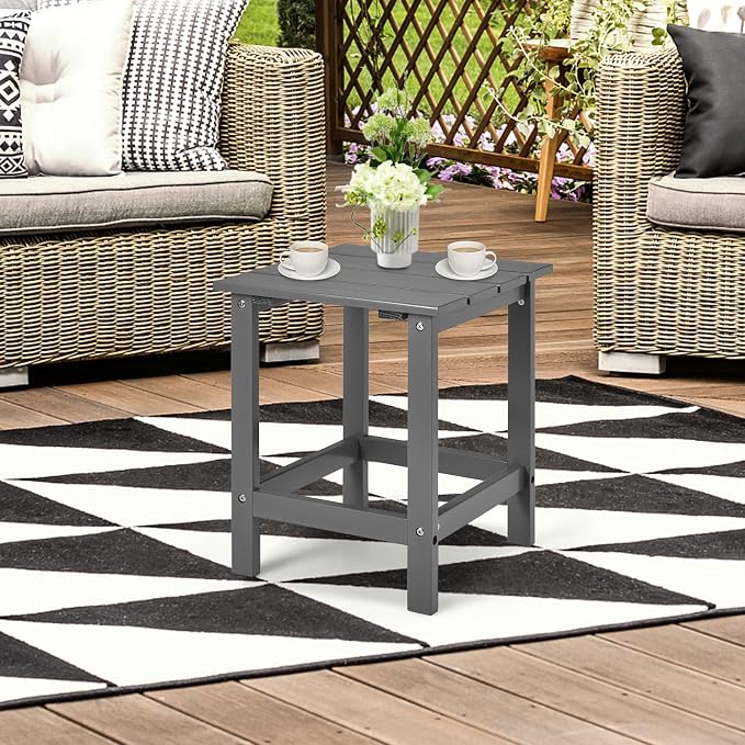 Giantex Outdoor Side Table, 15” Square Wood End Table with Slatted Design, Sturdy Construction, Easy Assembly, Small Patio Coffee Table for Living Room, Balcony, Poolside Bistro Table (1, Gray)
