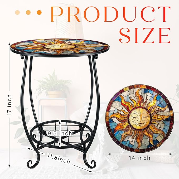 Cinnvoice Outdoor Side Table Round Small Mosaic Patio Accent Indoor End Plant Coffee Tea Table for Yard Patio Porch Garden Living Room, Bedroom(Sun Style,14 Inch)