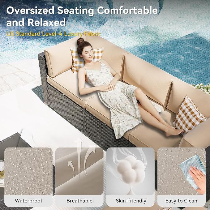 Aoxun Patio Furniture Set with Umbrella, 8 Piece Outdoor Sectional Sofas, Wicker Rattan Outdoor Furniture with Thickened Cushion for Backyard, Garden Beige