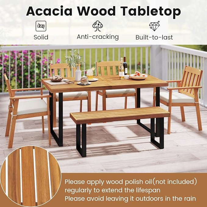 RELAX4LIFE Outdoor Dining Table for 6, 63’’ Rectangular Wooden Patio Table w/Umbrella Hole, Acacia Wood Tabletop & U-Shaped Metal Legs, Farmhouse Indoor Outdoor Use for Kitchen Garden Porch Backyard