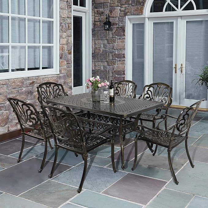 VIVIJASON 7 Pieces Cast Aluminum Outdoor Furniture Dining Set, Include 6 Chairs and a Rectangle Table with 2" Umbrella Hole, Patio Conversation Set for Lawn Garden Porch