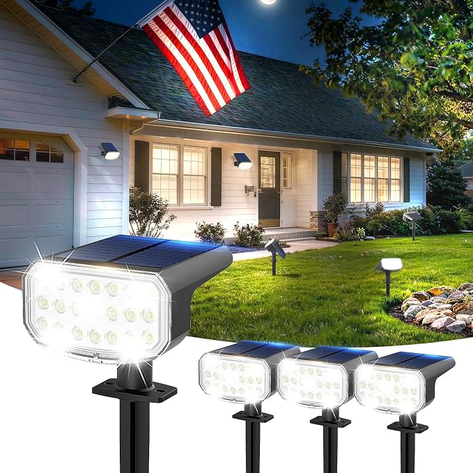 JEJOT Solar Lights Outdoor Waterproof IP65, Super Bright LED with Lens, 6500K 2 Lighting Modes, Solar Powered Yard Garden Solar Spot Lights for Outside Landscape Auto On/Off - 4 Pack