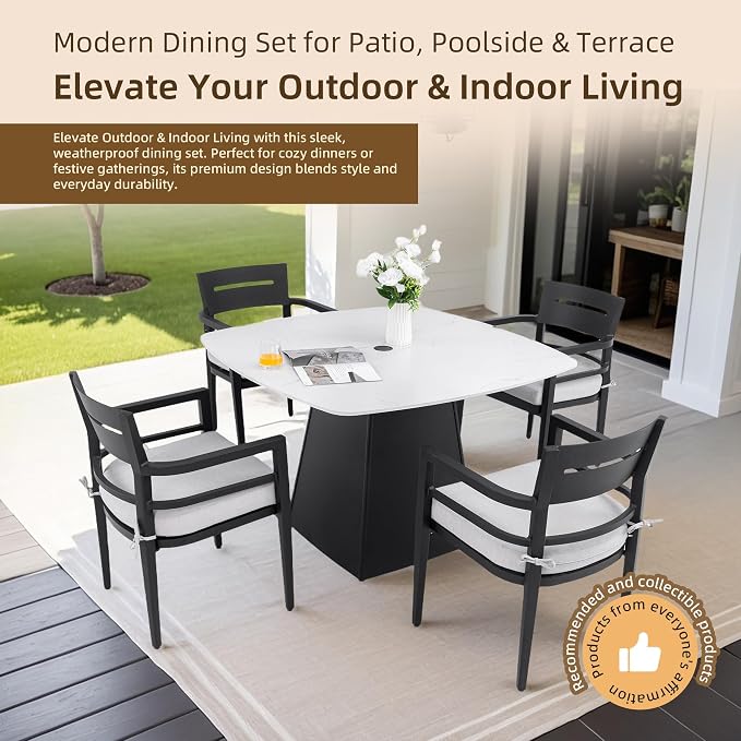 5-Piece Outdoor Patio Dining Table Set, Modern Faux Marble Stone Dining Table with 4 Sunbrella Chairs, Aluminum Frame and Umbrella Hole, Durable & Weather/Heat-Resistant