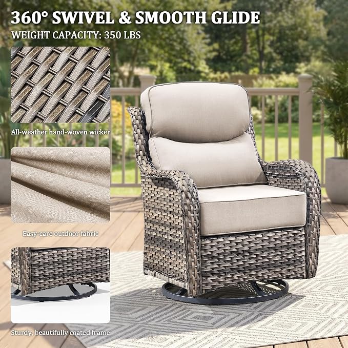 Luxury Swivel Rocker Chairs Set with 6" Thick Cushion 3 piece Wicker Outdoor Swivel Rocker Patio Chair with Side Table High Back Comfortable Outdoor Patio Furniture Set - Gery | Beige