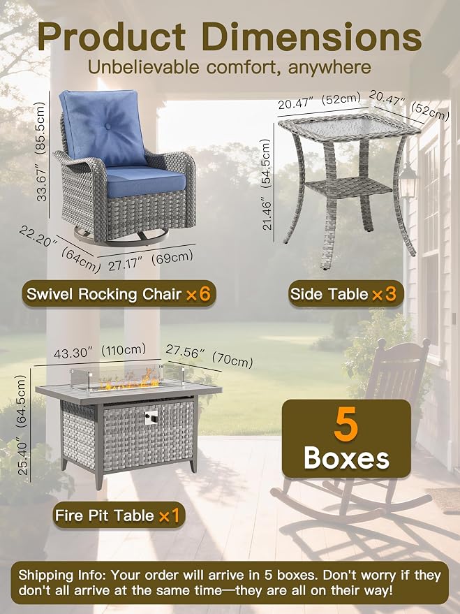 10-Piece Outdoor Conversation Set with 43" Fire Pit Table, 6 Swivel Rocking Chairs (4" Cushions) & 3 Side Tables, All-Weather PE Rattan & Steel Frame for Porch, Deck, Backyard, Blue