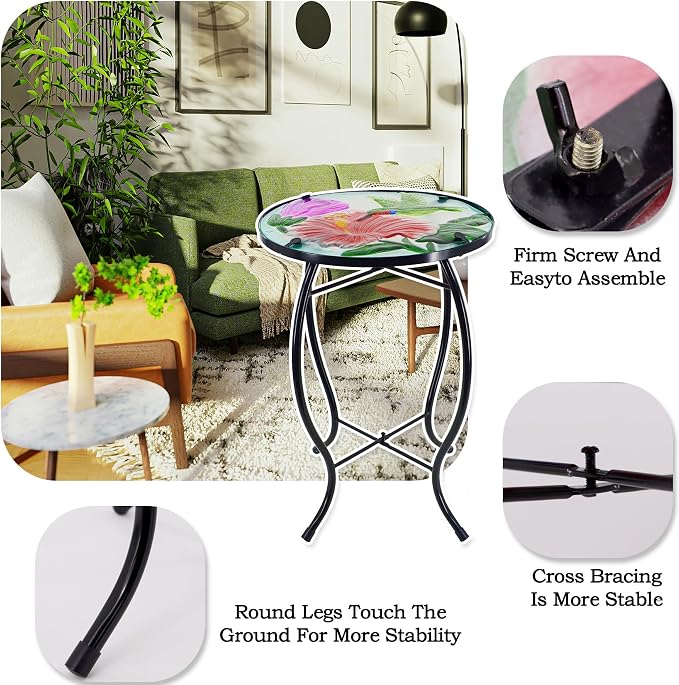 Hummingbird Patio Side Table, Small Patio Outdoor Side Table, Plant Table,Metal Glass End Table for Porch Garden Yard Pool.