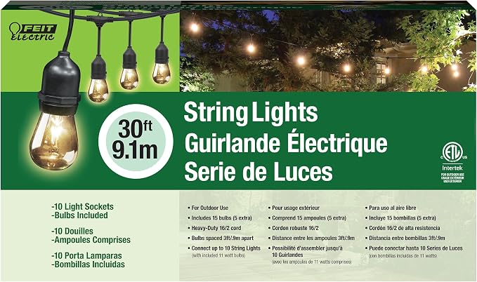 Feit Electric 30ft Outdoor Incandescent String Lights, Warm Amber Glow, Heavy-Duty Weatherproof Cord, Includes 10 Clear Bulbs + 5 Spares, End-to-End Connectable for Patios and Gazebos, SL30-10