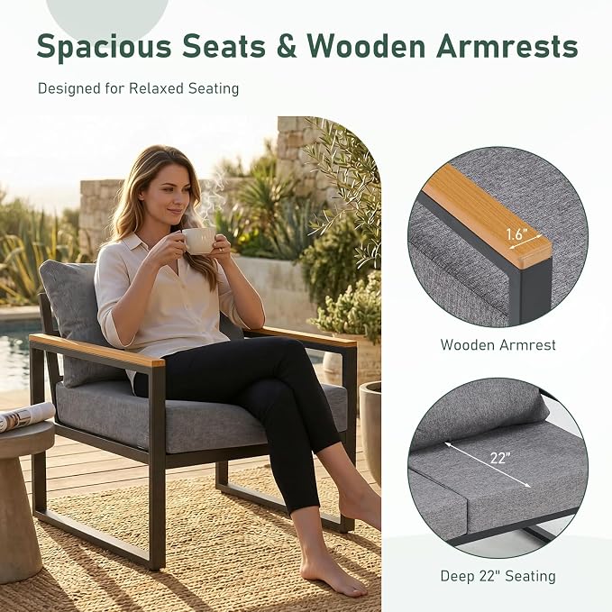 Furnimart 4-Piece Metal Patio Conversation Set, Deep Seating Outdoor Sofa with Coffee Table, Modern Small Space Furniture for Backyard, Deck, Poolside, Porch (Gray)