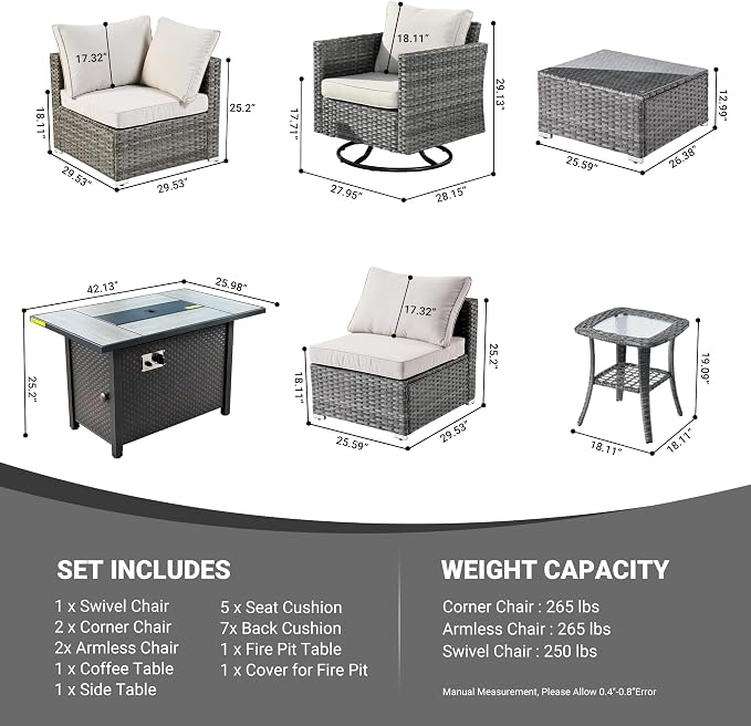 Weaxty 8 Piece Outdoor Sectional with Fire Pit Table, All Weather Wicker Patio Furniture Set with Swivel Rocker Chair Coffee Table, Thick Cushion Couch Conversation Sets for Garden Deck Backyard Beige