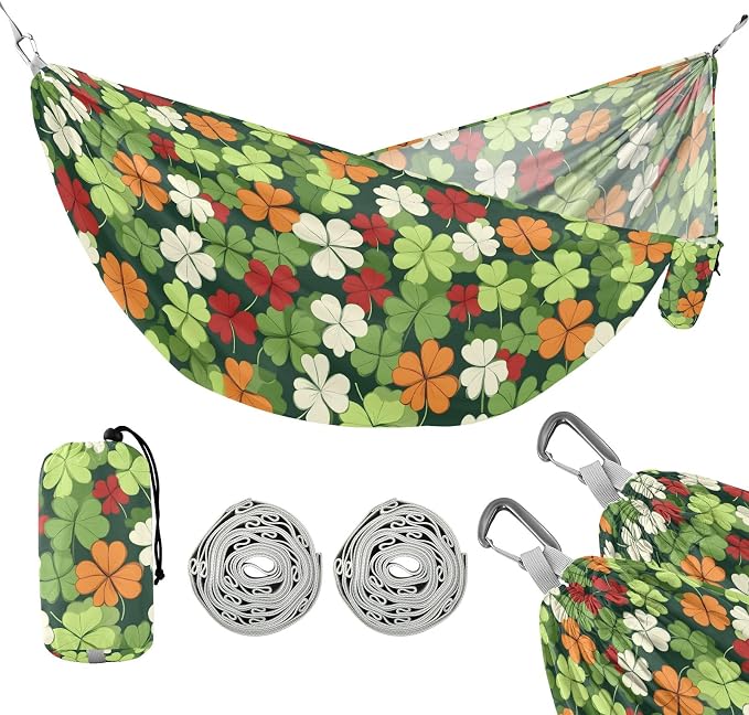 Camping Hammock Outdoor Hammocks for Outside Four Leaf Clover Beach Trees Portable Lightweight with Pockets Tree Straps Indoor
