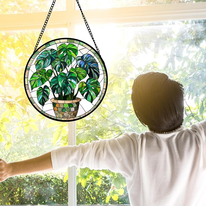 DASTOLL Stained Glass Window Hanging, Green Plant Monstera t Suncatcher Diamond Colorful Glass Panel Sun Catchers Decor for Birthday for Women, Men, Wife, Aunt, and Mom 7.8 in