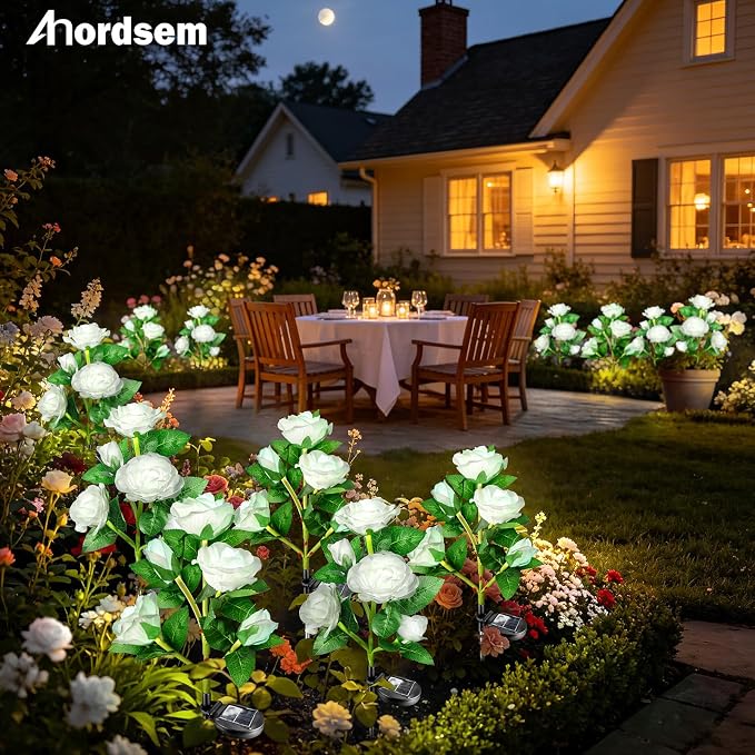 Anordsem Solar Garden Lights Outdoor: 10 Waterproof Fabric Roses 2 Pack - White LED Flower Decorations for Yard Patio Path Cemetery Grave - Mother’s Day Gift for Her Women Mom Wife