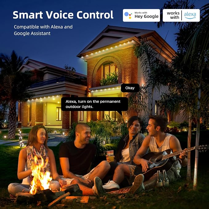 Permanent Outdoor Lights, 50ft Smart RGB Outdoor Light, 36 LED Eaves Lights with 54 Scene Mode, IP67 Waterproof for Halloween, Christmas, New Year, Holidays, Daily Lighting, APP Voice Remote Control