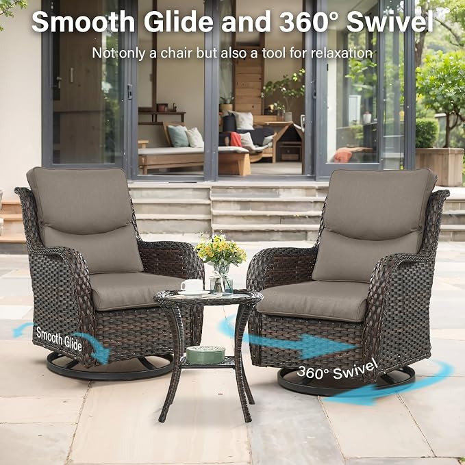 Outdoor Swivel Rocker Patio Chairs Set of 5 with Loveseat - 5" Thick Cushion 5 Piece Furniture Set with Sofa All Weather Wicker Conversation Set for Porch Deck - Brown Wicker | Grey Cushions