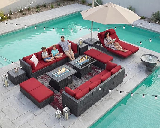 NICESOUL 18 Piece Outdoor Patio Furniture Set with Fire Pit and Chaise Lounge, 500 lbs High Weight Capacity Outdoor Sectional with Fire Pit, 14-Seat Deep Seating Sectional, Grey & Burgundy