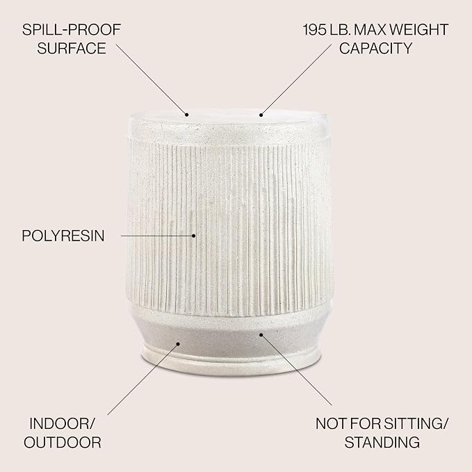 JONATHAN Y Kline Ribbed Resin Modern Outdoor Accent Table, 17.5" H All-Weather Cream Terrazzo Patio Drum Side Table and Garden Stool for Pool, Porch, and Living Room TBL1103A