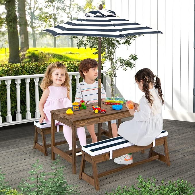 Olakids Kids Picnic Table, 2 in 1 Outdoor Toddler Wooden Table and Chair Set with Removable Cushions Height Adjustable Umbrella, Children Activity Furniture Bench for Patio Garden Backyard (Blue)