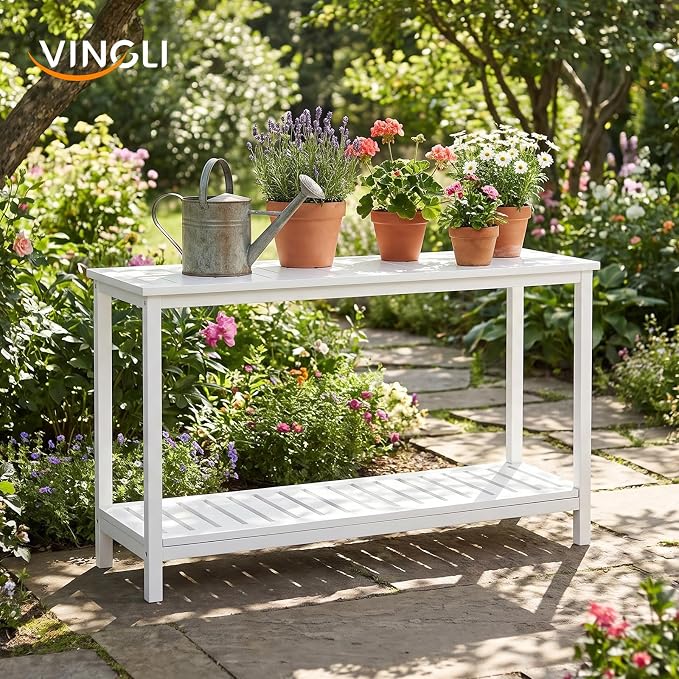 VINGLI 49in Solid Wood Outdoor Console Table, 2-Tier Patio Buffet Bar Table, Multi-Functional Storage Sideboard for Garden, Porch, Balcony (White)