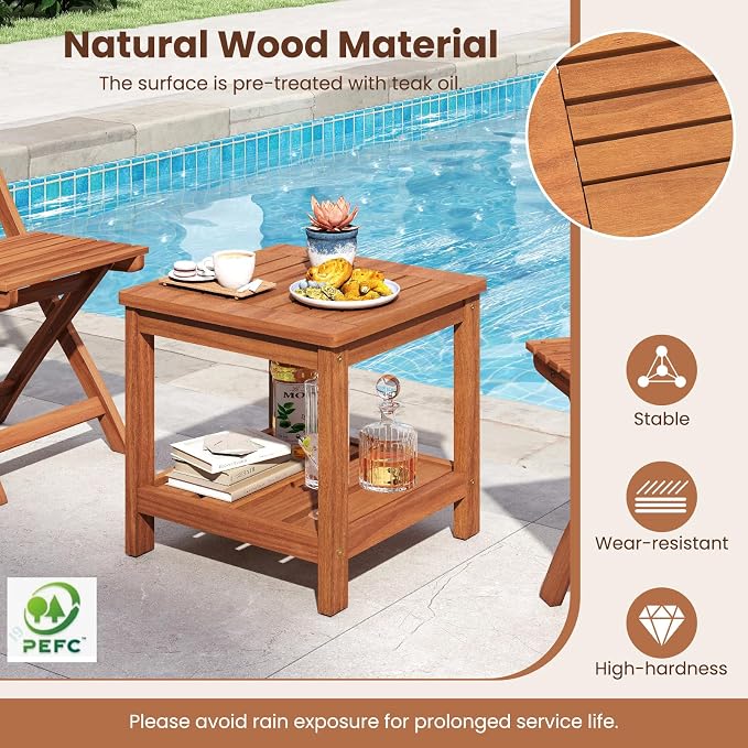 Tangkula Outdoor Side Table, 2-Tier Solid Wood Patio Table with Slatted Tabletop & Storage Shelf, Indoor Outdoor Square Small End Table for Patio, Garden, Yard, Porch, Living Room (1)
