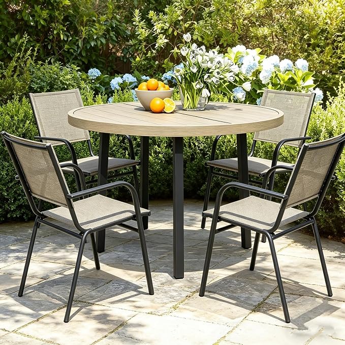 Outdoor Round Dining Table for 4, 42" Large Metal Wrought Iron Metal Table with Umbrella Hole, All Weather Patio Furniture for Deck, Yard, Porch - Honey Oak