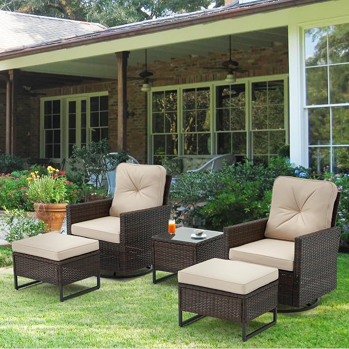 AVAWING 5 Pieces Patio Furniture Set, Wicker Swivel Glider Chairs with 2 Ottomans and 1 Side Table, Patio Chairs with Waterproof Blue Cushions for Garden, Backyard and Porch,
