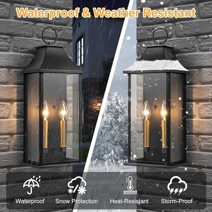 Dusk to Dawn Outdoor Wall Lantern, Black Exterior Light, 20.6" | Large Outside Wall Sconce, Modern Wall Light Fixture with Glass, Waterproof Exterior Lamp for House, Porch, Garage