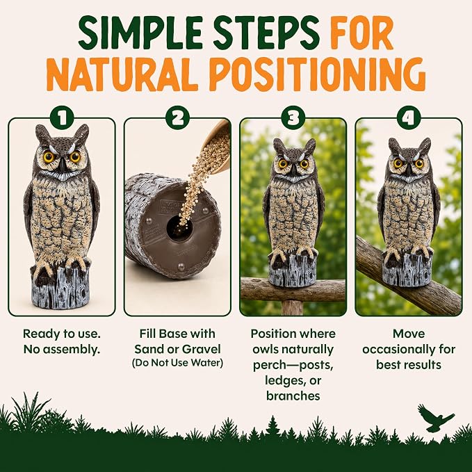 Dalen Lifelike Great Horned Owl Decoy Bird Repellent - 16in Hand-Painted Scarecrow for Gardens & Rooftops, Owl Bird Deterrent, Fixed-Head Design, Fill Base with Sand/Gravel Only - Multicolor
