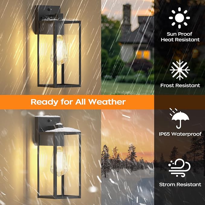 13" Dusk to Dawn Exterior Lighting Fixture, Outdoor Porch Light Wall Sconce | Anti-Rust Metal Frame, Tempered Glass, E26 Base, Waterproof, Sensor Wall Lantern for Patio, Garage, Entryway