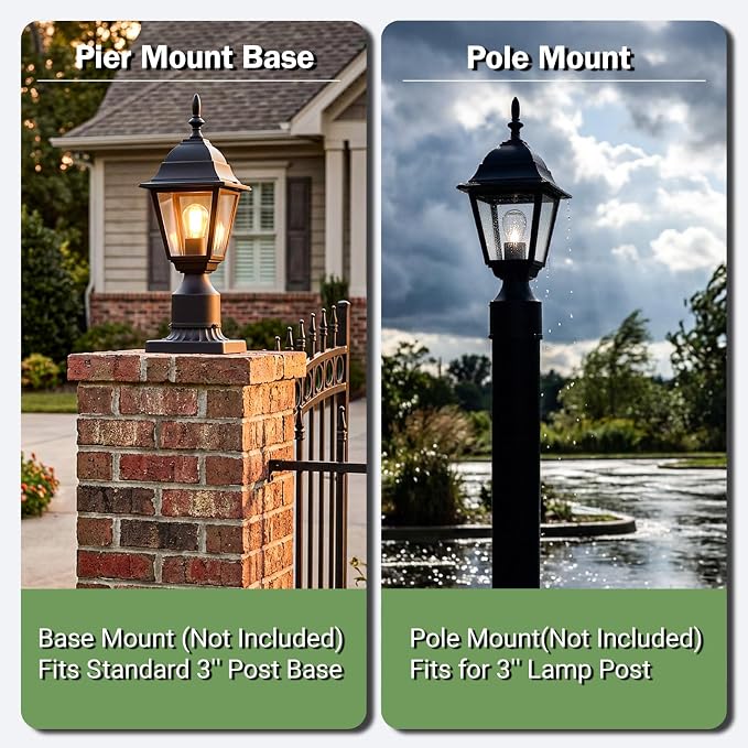 Outdoor Post Light, Rustproof Aluminum Pole Lamp, Black | Exterior Lamp Post Light Fixture for Garden, Yard, Pathway, Waterproof, Glass, E26 Base, Max 60W