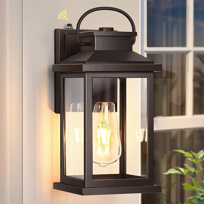 VIANIS Dusk to Dawn Outdoor Light Fixtures Wall Mount, Farmhouse Oil Rubbed Bronze Exterior Wall Sconce Lanterns Lighting for House, Waterproof Outside Front Door Light with Tempered Glass for Porch | Farmhouse ORB Gold Trim Exterior Wall Sconce Lanter...